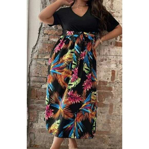 Shein Dress Sz 4XL Maxi Green Black Skirt Colorful Tropical Palm Print Stretch - Picture 2 of 11